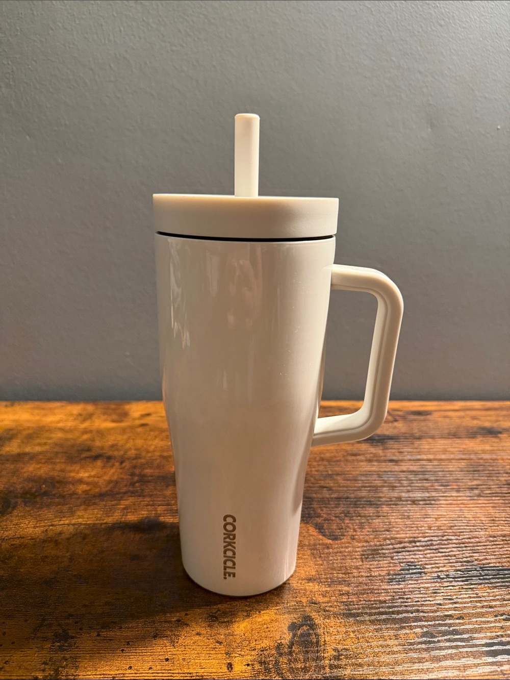 Corkcicle White Insulated Travel Mug with Handle and Straw